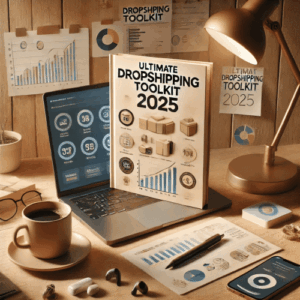 Produktmockup Ultimate Dropshipping Toolkit 2025 mit Laptop, Verpackungen und Kaffeetasse auf Holzschreibtisch