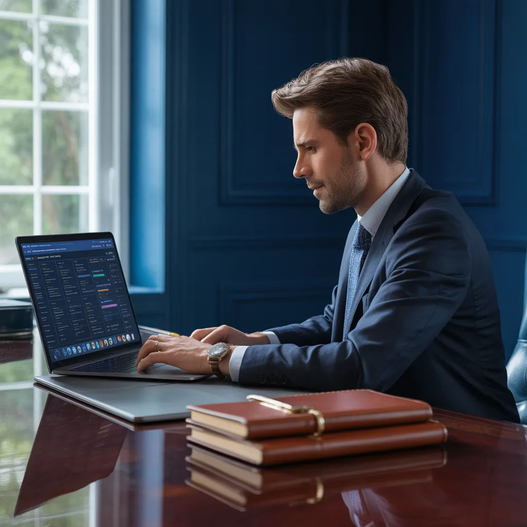 Geschäftsmann in dunklem Anzug arbeitet am Laptop mit Dashboard-Display am modernen Schreibtisch