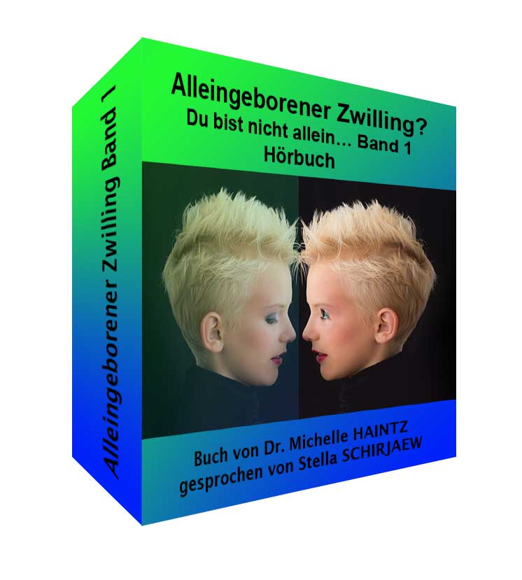 3D Produktbox Hörbuch Alleingeborener Zwilling Band 1 mit grün-blauem Farbverlauf und zwei spiegelnden Kindergesichtern