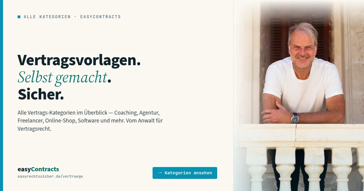Allgemeine Einkaufsbedingungen – Vertragsvorlagen zum Einkauf 2 easyContracts Werbebanner mit Mann in weißem Shirt, Vertragsvorlagen Kategorien