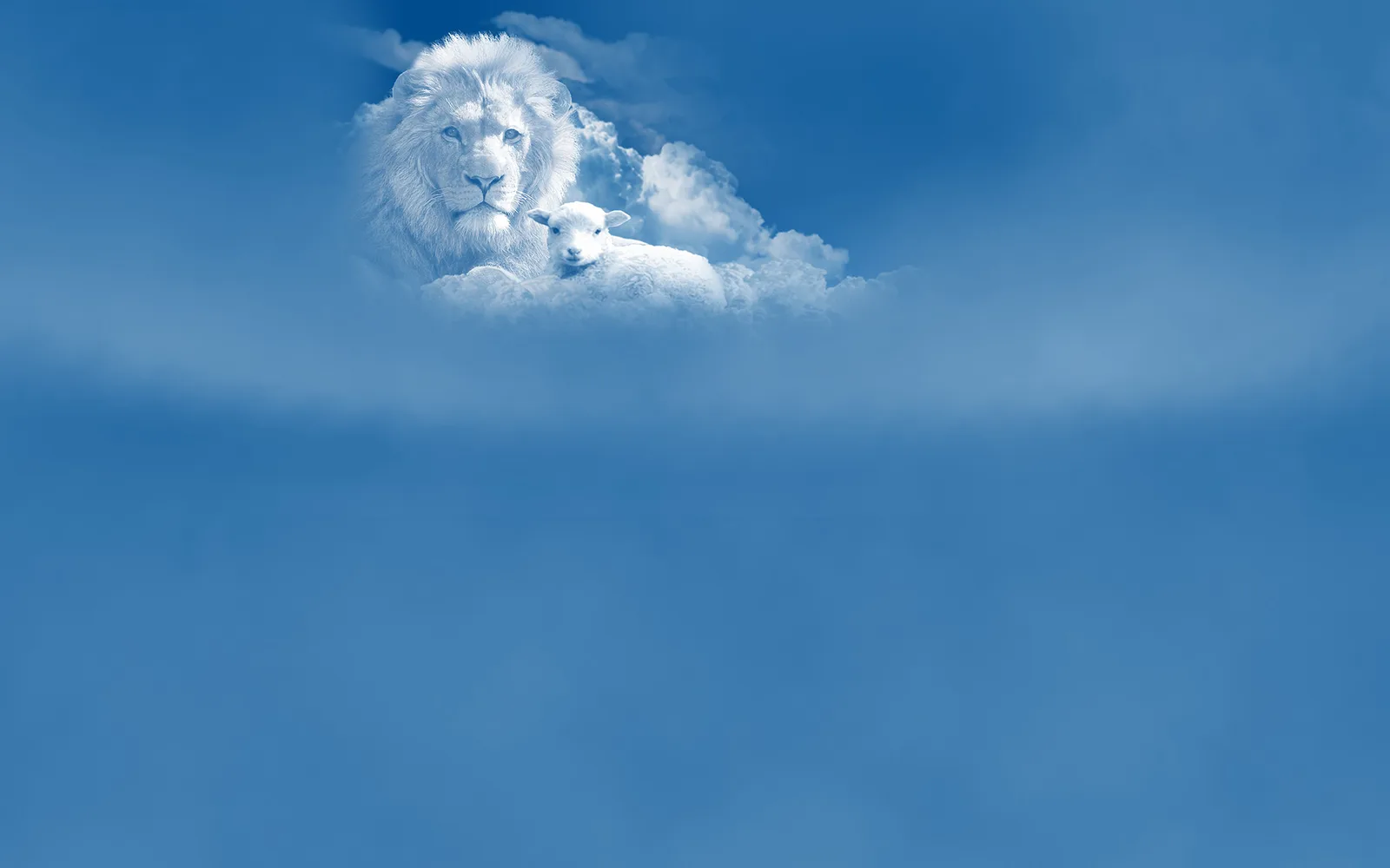 Spirituelle Hintergrundgrafik mit weißem Löwe und Lamm in Wolken vor blauem Himmel