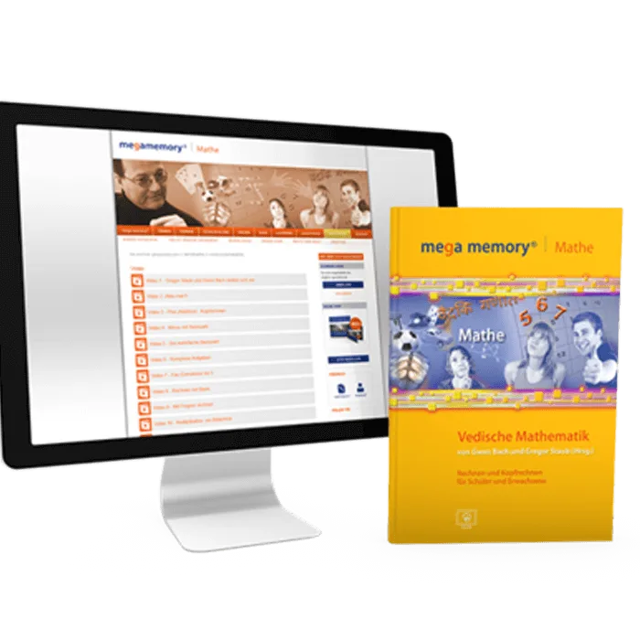 Mockup des vedischen Mathematik-Kurses mit Monitor und Produktbox im megamemory-Branding