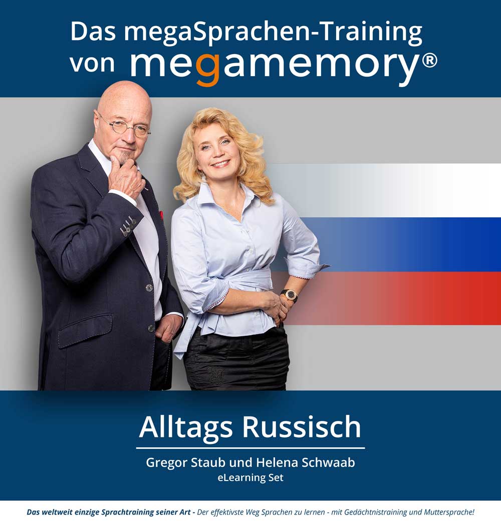 Hero-Banner zum megaSprachen-Training Alltags Russisch mit Gregor Staub und Helena Schwaab vor russischer Flagge
