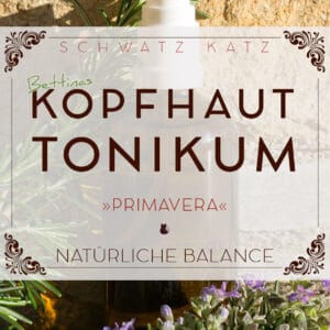 Kopfhaut Tonikum Primavera Produktlabel auf floraler Kulisse