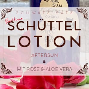 Schüttel Lotion Aftersun Produktlabel mit Rosenblüten und Text Rose & Aloe Vera