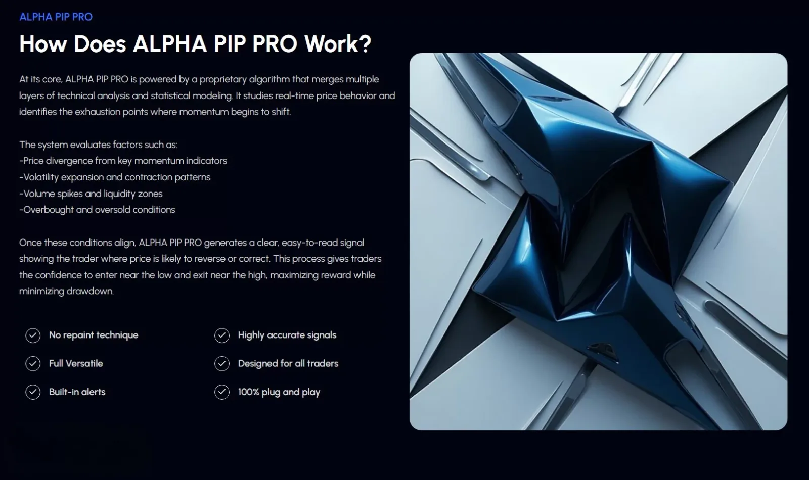 Funktionsweise der Alpha Pip PRO mit abstraktem blauen Kristall-Design und Feature-Icons