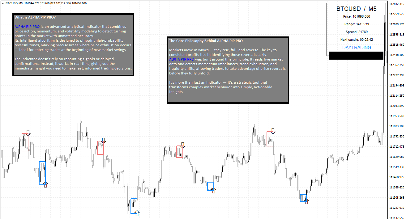 BTCUSD M5 Kurschart mit Alpha Pip PRO Signalen und Erklärtexten