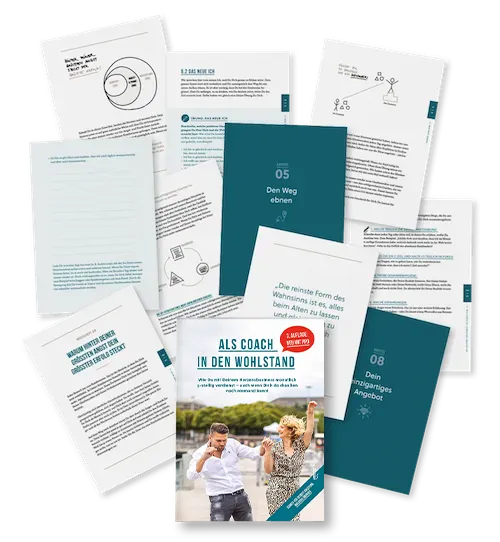 Mockup des E-Books Als Coach in den Wohlstand mit ausgebreiteten Seiten, Deckblatt und Infografiken