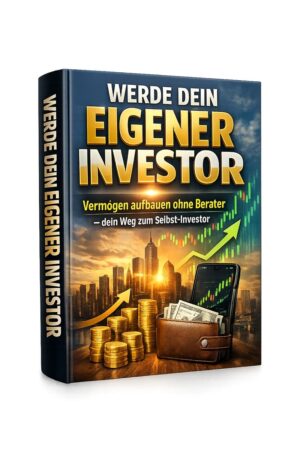 Buch-Cover Werde dein eigener Investor mit Skyline, Münzen, Geldbörse und Finanzgrafik