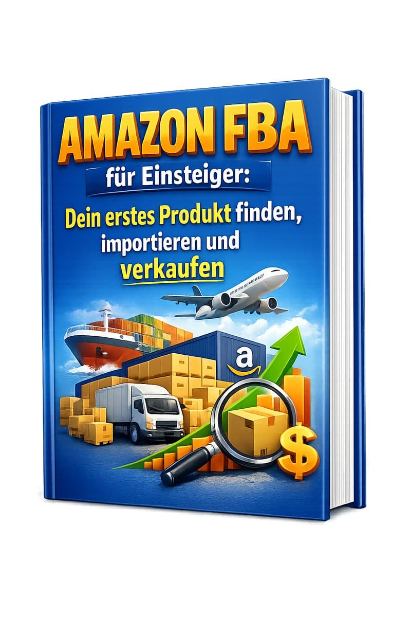 Amazon FBA für Einsteiger E-Book Cover mit blauem Design, Logistik-Elementen und Aufwärtspfeil