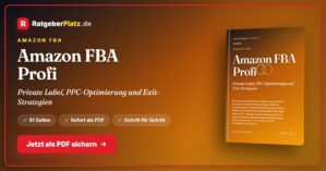 Hero-Banner Amazon FBA Profi mit Buch-Mockup, RatgeberPlatz Logo und Call-to-Action Button