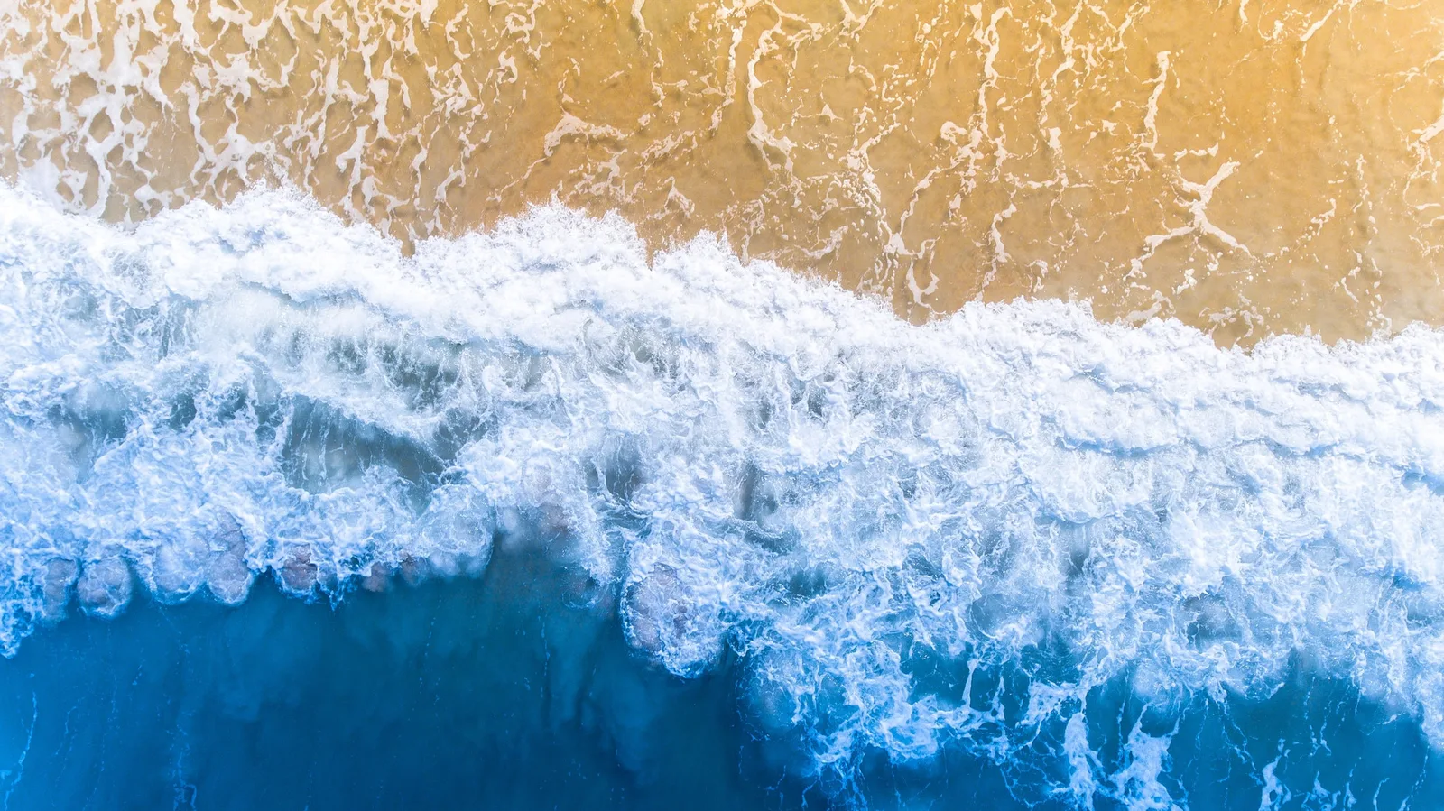 Amazon USA Masterclass: D.i.Y. – Videokurs zur Auslandsexpansion 3 Luftaufnahme einer Welle, die auf einen sandigen Strand trifft, mit blauem Meer und beigem Sand