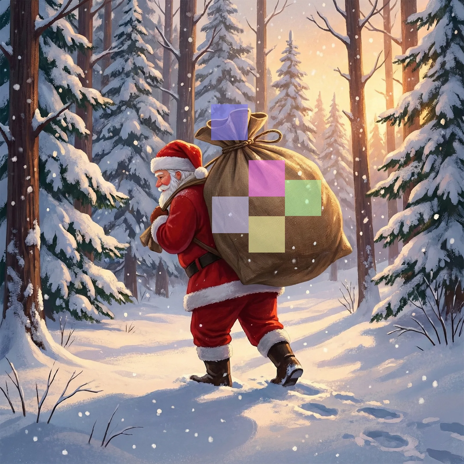 Weihnachtsmann mit Geschenkssack in verschneitem Wald, Farbmuster-Overlay