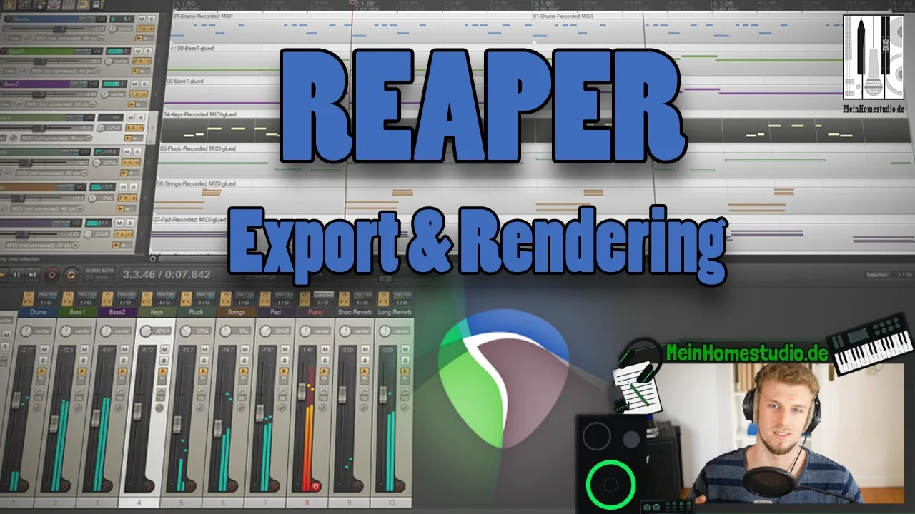 Reaper DAW Screenshot mit Text Export & Rendering, MeinHomestudio.de Logo