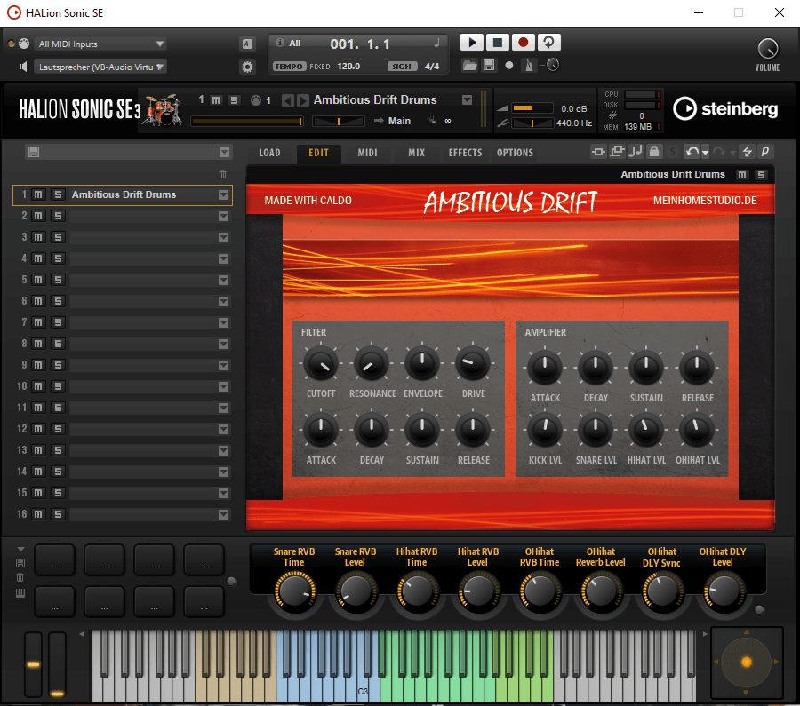 HALion Sonic SE 3 Drum-Plug-in mit Ambitious Drift Preset, rote Oberfläche mit Filter- und Amplifier-Reglern