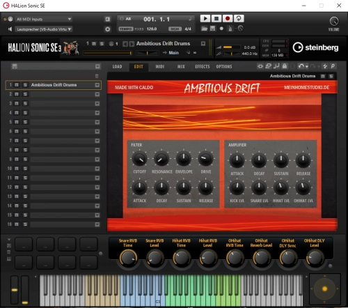 HALion Sonic SE 3 Plugin-Oberfläche mit Ambitious Drift Drums Preset im kompakten Format