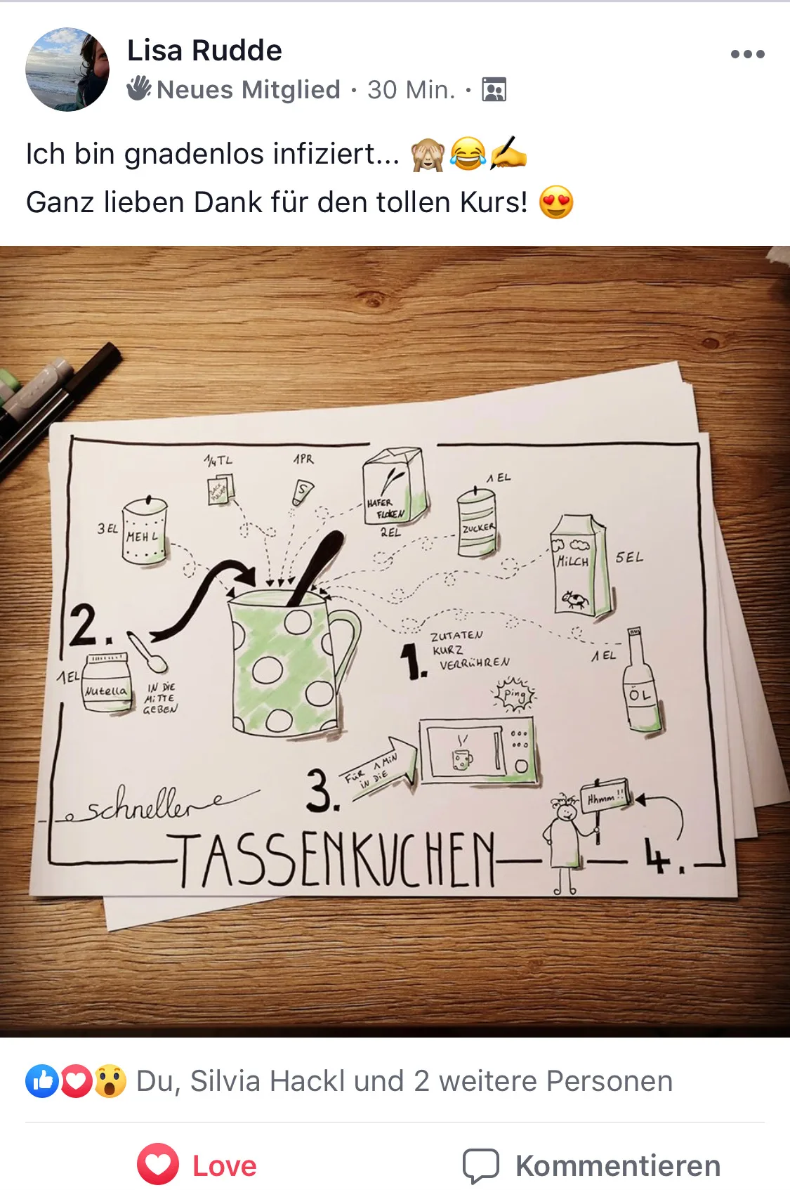 Handgezeichnete Sketchnote mit bunten Markern auf Papier, Produktmockup des Basis-Kurses