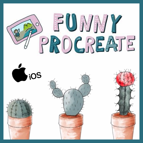 Kursvorschau Funny Procreate mit Kakteen in Töpfen und iOS-Logo