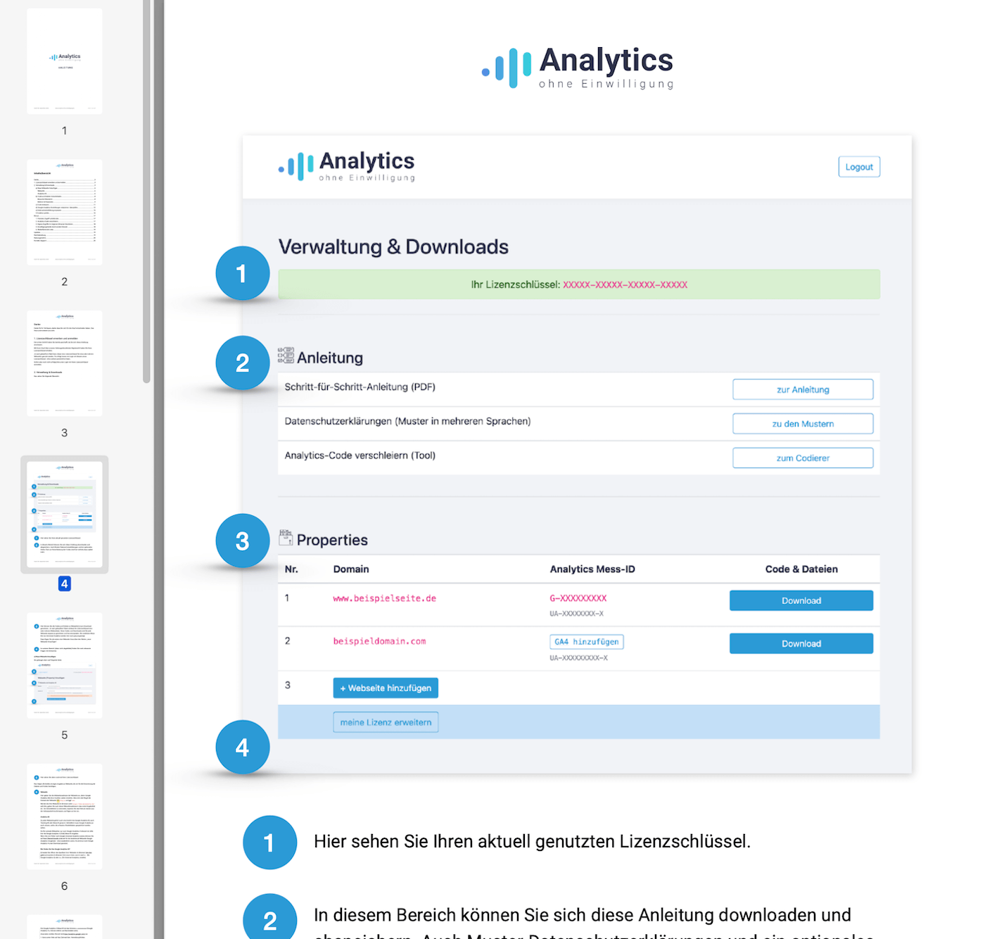 Anleitung-Auszug in PDF-Format mit nummeriertem Leitfaden (Schritte 1-6) zur Implementierung, Dashboard-Screenshots und Downl