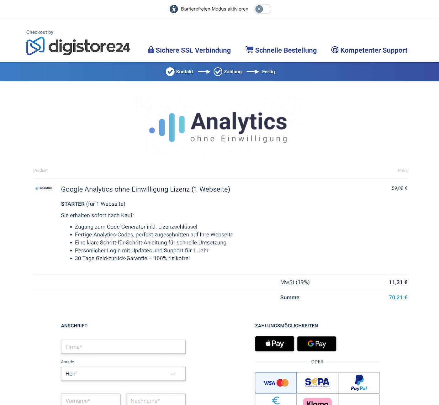 Checkout-Seite von digistore24 mit Produktabbildung Analytics ohne Einwilligung Lizenz, Zahlungsformular und Zahlungsoptionen