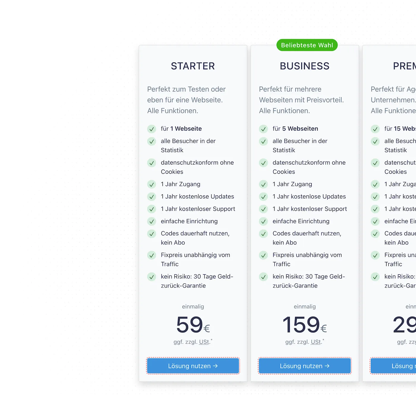 Preisvergleich-Tabelle mit drei Paketen: Starter (59€), Business (159€) und Premium, jeweils mit Funktionslisten und grünen H