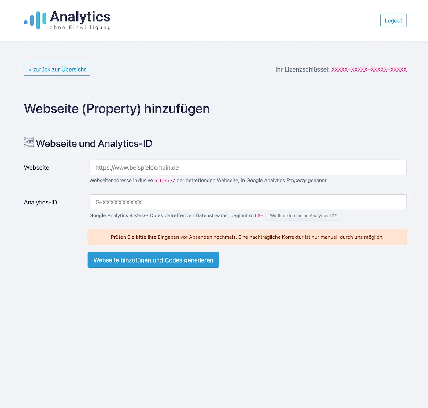 Dashboard-Screenshot mit Formular zur Website-Registrierung, Eingabefeldern für Website-URL und Analytics-ID, Button Webseite