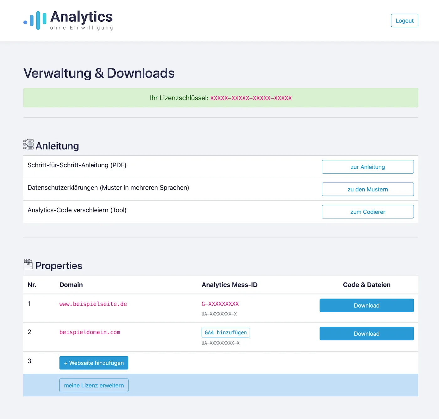 Dashboard-Übersicht mit Verwaltungs- und Download-Bereich, Anleitung, Properties-Tabelle mit Domains und Download-Buttons für