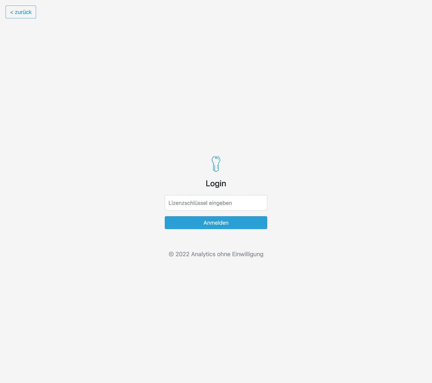 Einfache Login-Seite mit Schlüssel-Symbol, Eingabefeld für Lizenzschlüssel und blauem Anmelden-Button