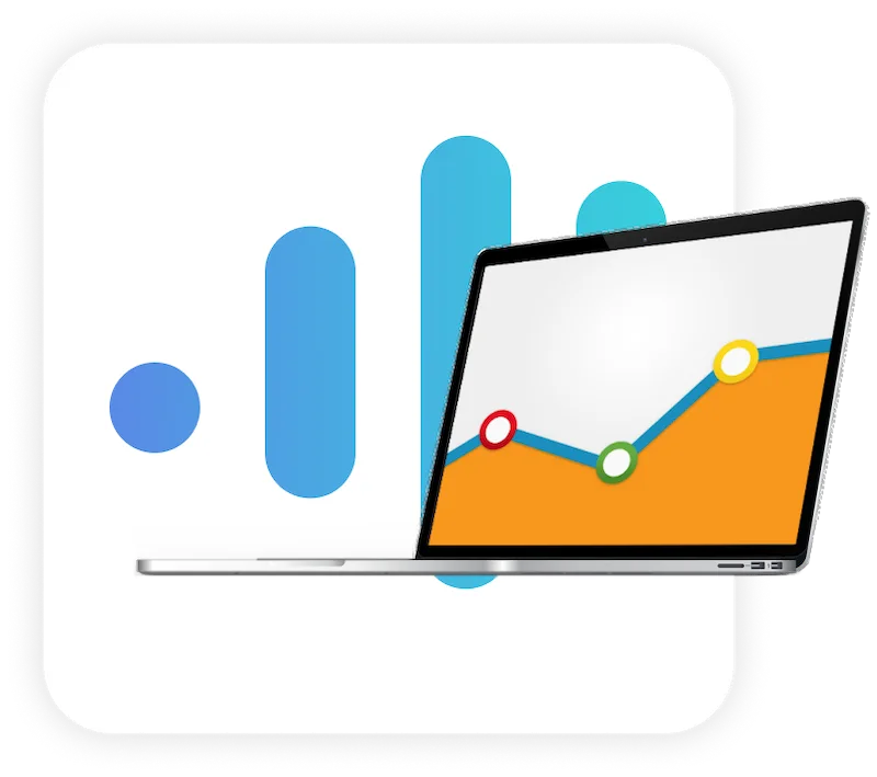 Hero-Grafik mit Google Analytics 4 Dashboard auf Laptop-Screen und blauen Balkendiagrammen