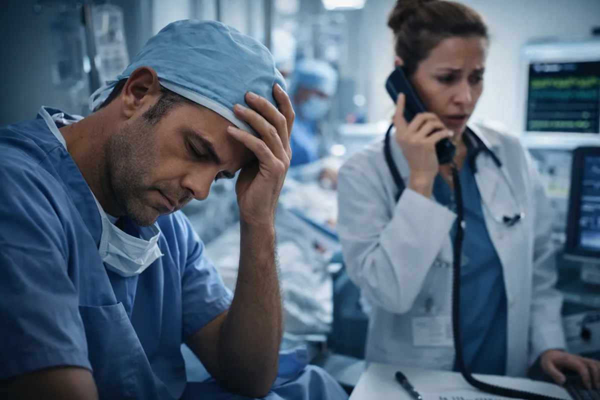 Gestresster Krankenpfleger hält sich den Kopf in klinischer Umgebung