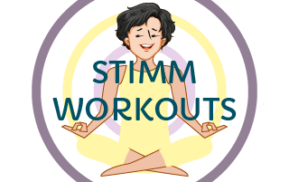Bonus-Symbol Stimmworkouts mit meditierender Figur und Gewichten, Kreis-Design
