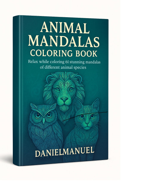 Animal Mandalas Coloring Book Cover mit Löwe, Eule und Katze Mandala-Design