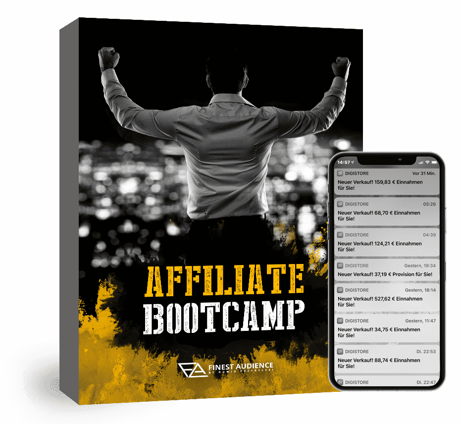 Affiliate Bootcamp Produktbox mit jubelndem Mann und Smartphone zeigt Verkaufsergebnisse
