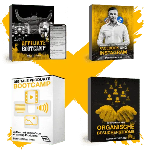 Vier Produktboxen: Affiliate Bootcamp, Facebook und Instagram Kurs, Digitale Produkte Bootcamp, Organische Besucherströme