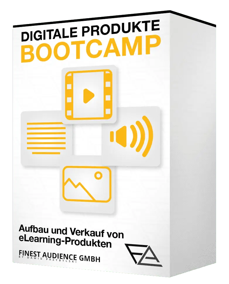 Digitale Produkte Bootcamp Kurs-Box mit Icons für Video, Audio und Bilder