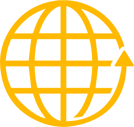 Gelbes Icon eines Globus mit Pfeil nach oben, Symbol für internationales Wachstum