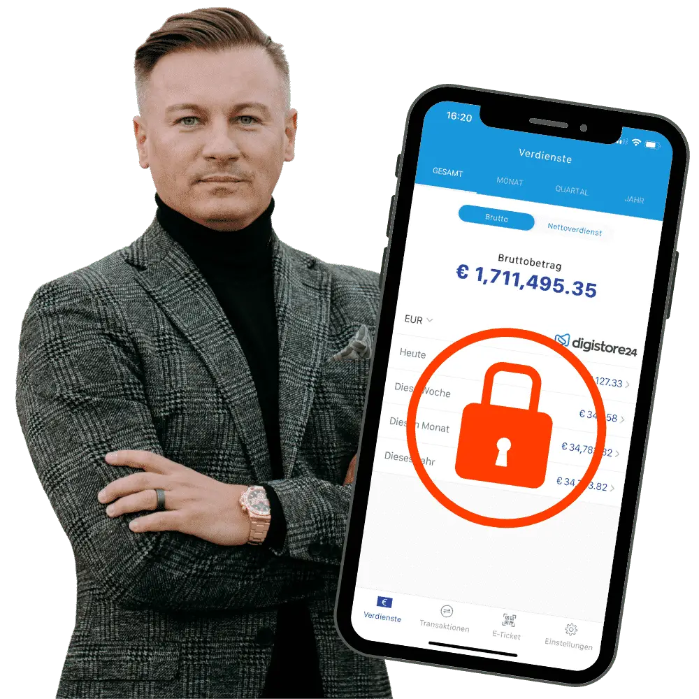 Dawid Przybylski neben Smartphone mit digistore24-Dashboard, 1,7 Millionen Euro Bruttoumsatz und rotem Sicherheits-Symbol