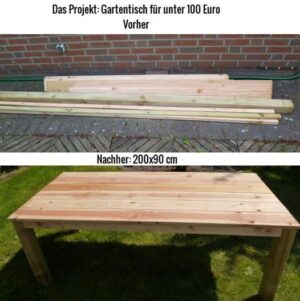 Vorher-Nachher-Vergleich Gartentisch-Projekt: Holzmaterialien und fertig gebauter Tisch 200x90 cm