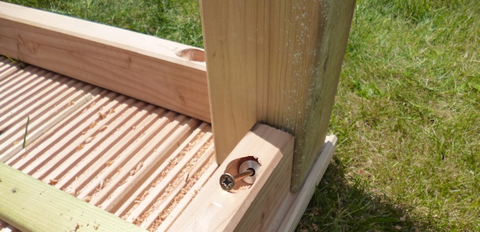 Anleitung Gartentisch bauen – PDF-Ratgeber zum Möbelbau aus Holz 6 Montage Tischbein: Schraube wird in Holz eingedreht, Verbindung Tischfläche und Bein