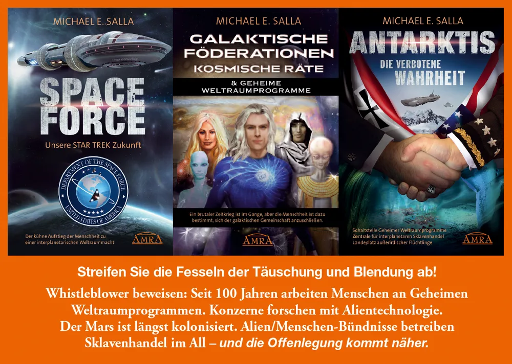Vier Buch-Cover von Michael E. Salla: Space Force, Galaktische Föderationen, Antarktis und weiteres