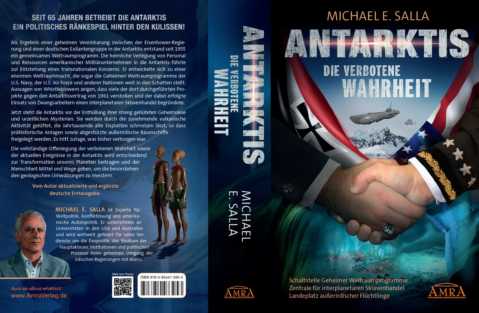 Doppelseite Buchcover und Rückseite Antarktis – Die verbotene Wahrheit mit Text und Autor