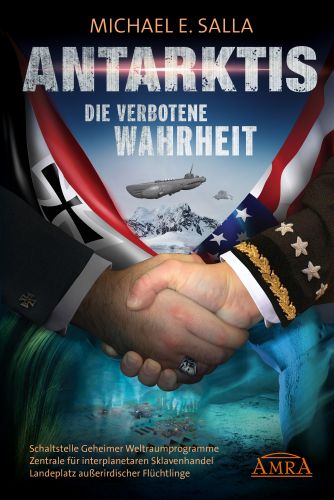 Buch-Cover Antarktis – Die verbotene Wahrheit mit Handschlag und UFO-Motiven