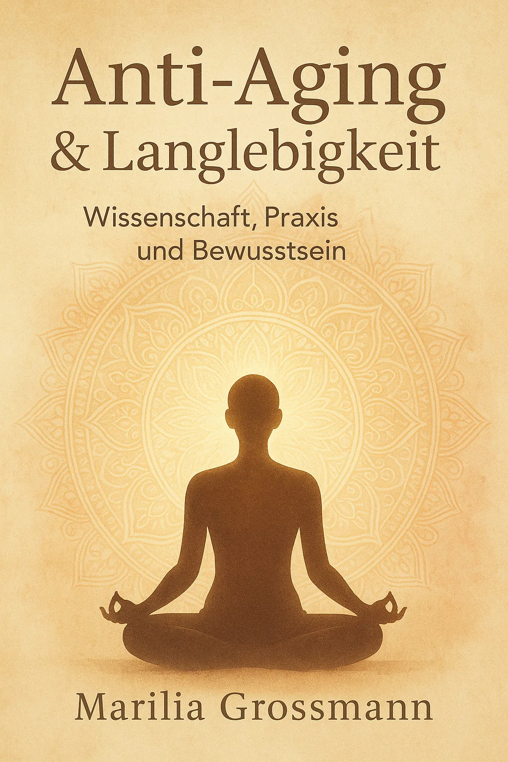 eBook-Cover Anti-Aging & Langlebigkeit mit meditierender Frau vor Mandala-Muster auf beigem Hintergrund