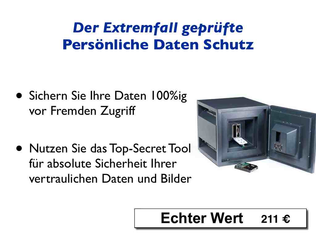 Präsentationsfolie zum Datenschutz mit Tresor und Schloss-Symbol