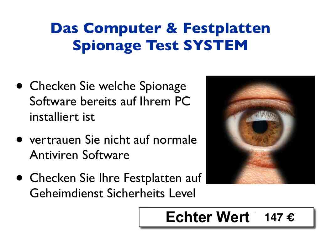Präsentationsfolie zum Computer und Festplatten Spionage Test System mit Auge-Symbol