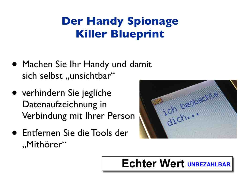 Präsentationsfolie zum Handy Spionage Killer Blueprint mit SMS-Nachricht