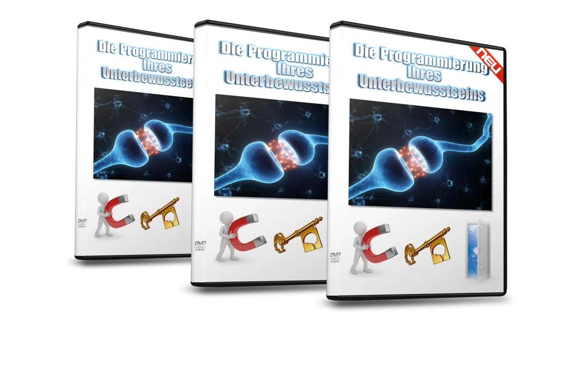 Anziehungskraft-Checkliste – Training zum Manifestieren 6 Drei DVD-Cover Programmierung Unterbewusstsein mit DNA-Illustration, Magnet und Schlüssel-Symbolen