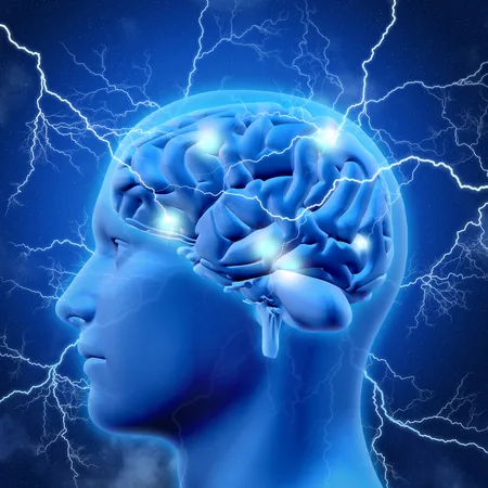 Blaugeleuchtetes Gehirn im Kopfprofil mit Blitzen, neuronale Aktivität und Energie
