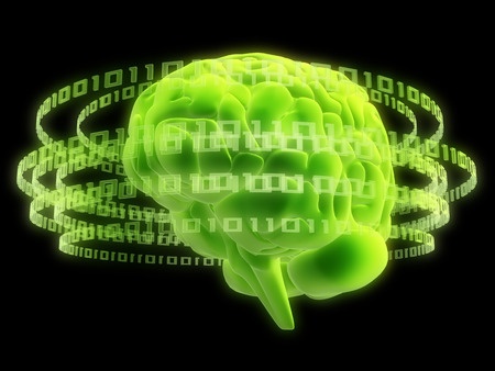 Leuchtendes grünes Gehirn mit binären Codes und Datenströmen, digitale Informationsverarbeitung