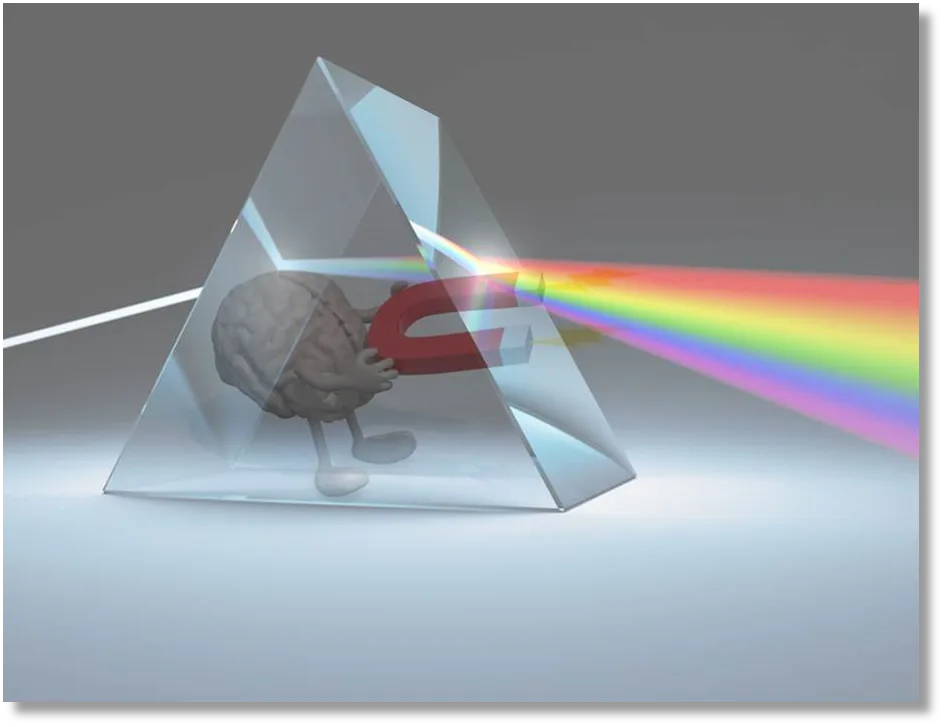 Prisma mit Gehirn-Schatten und Regenbogen-Spektrum, symbolisiert Lichtbrechung und Bewusstsein
